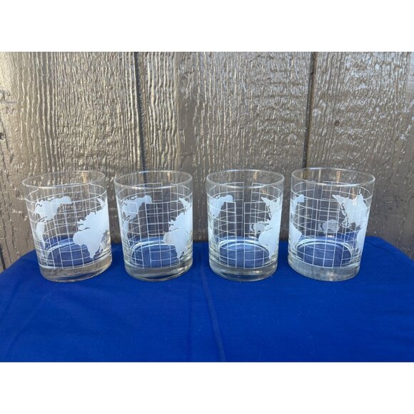 Set Of 4 Vintage Nestle Etched World Map Drinking Glasses Clear 10 Oz Drinkware - Picture 4 of 5
